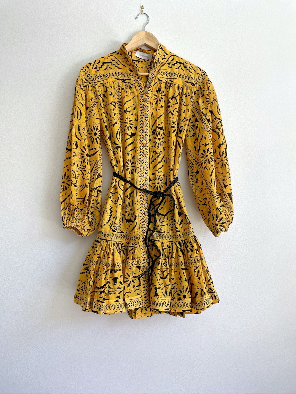 Zimmermann Yellow and Black Printed Long-Sleeve Mini Dress